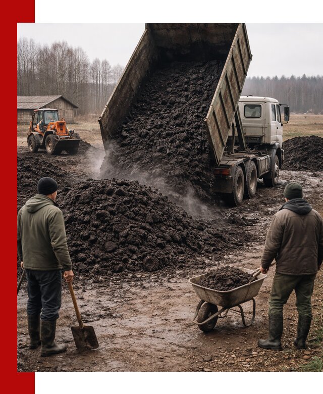 Доставка низинного торфа с разгрузкой и доставкой в Гатчине