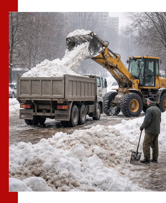 Вывоз снега грузовой техникой в Гатчине оперативно и чисто
