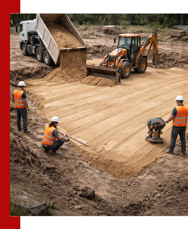 Устройство песчаной подушки для фундаментов и дорог в Гатчине